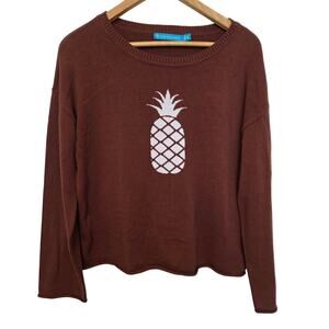 Tori Richard Pineapple Brown Pullover thin knit crew Sweater XL Costal Preppy